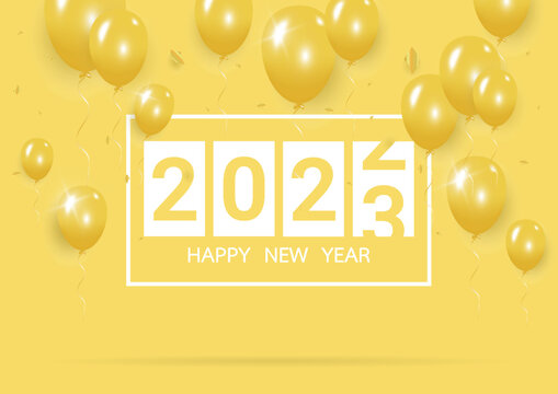 Happy new year 2023 with creative yellow balloon concept on pastel yellow background for copy space. minimal concept. Vector Illustration