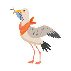 Seagull captain with fish in beak cartoon illustration. Funny bird in hat flying with fish in its beak isolated on white background