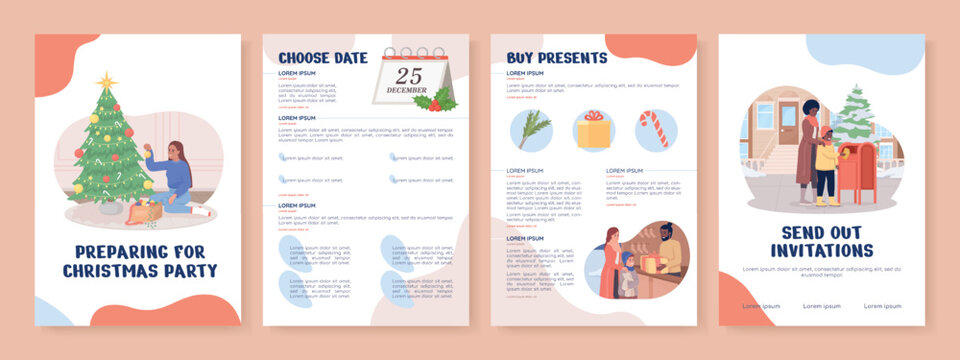 Christmas party preparing flat vector brochure template. Booklet, leaflet printable flat color designs. Editable magazine page, reports kit with text space. Nerko One, Quicksand, Comfortaa fonts used