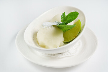 lime sorbet on the white bowl