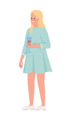 Pleased blond girl drinking sparkling beverage semi flat color vector character. Editable figure. Full body person on white. Simple cartoon style illustration for web graphic design and animation