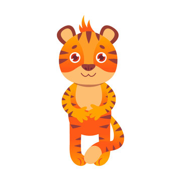 Kind tiger character vector illustration. Cute funny wild animal cartoon character smiling and waving, symbol of 2022 on white background