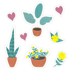 Set of home plants stickers in ceramic pots. Vector illustration in hand drawn style. Yellow flowers, hearts and leaves in pastel colors.