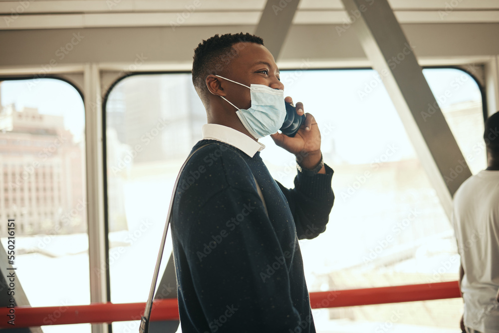 Poster covid, face mask and working man on call while travelling to office. pandemic regulations and safety