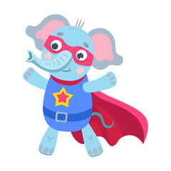 Obraz premium Hero elephant, animal character cartoon illustration. Funny little superhero in cape and mask on white background