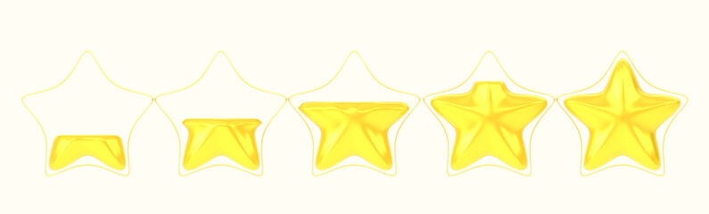 Set of stars, game score filling animation frame from empty to full row. Ui rate yellow golden assets for app user interface, display achievement scale, bonus. Cartoon 3d render icons