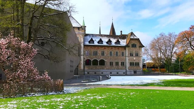 Panorama of spring Park Platzspitz, Zurich, Switzerland