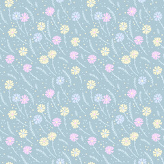 Vector seamless pattern with wildflowers and herbs. Yellow, purple and pink buds. These are elegant lines of plant silhouettes. Pastel colors.
