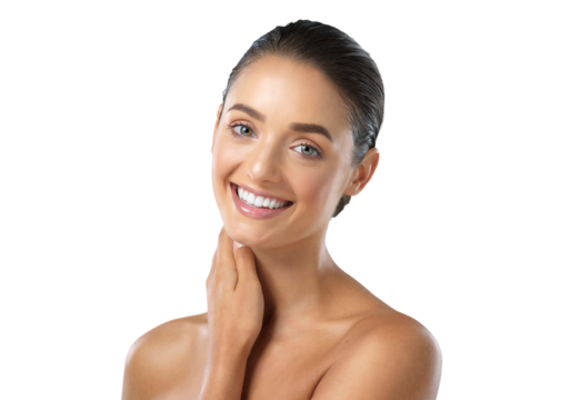 Shot of a young female touching a her soft skin against an isolated on a transparent png background.