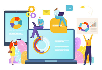 Business analyze statistic data information, tiny character people work infographic laptop flat vector illustration, isolated on white.
