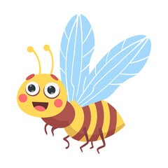Hardworking striped bee. Cute cartoon insect. Vector illustration of forest or garden animal, funny bug character isolated on white