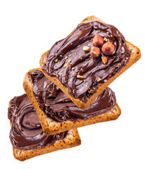Bread with chocolate hazelnuts paste cream isolated on transparent background, png format. Sandwiches with chocolate nut topping