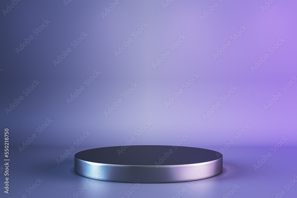 Poster Purple studio with geometric shapes, podium on the floor. Platforms for product presentation, mock up background. Abstract composition in minimal design. 3D Rendering.