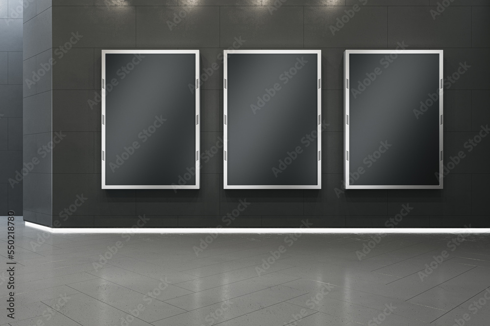 Poster empty black mock up banner in underground. commercial ad concept. 3d rendering.