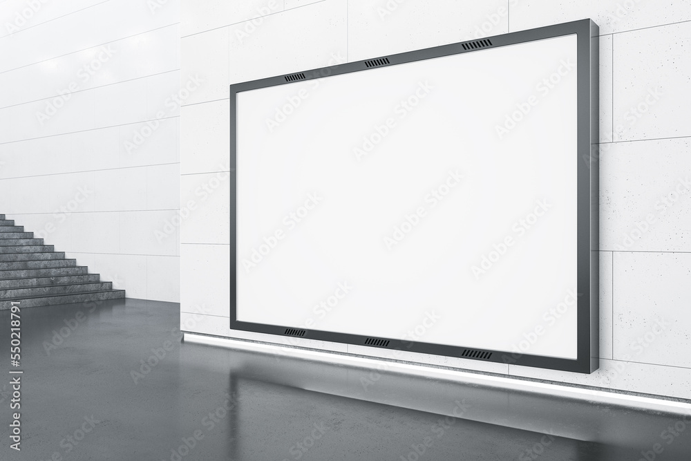 Aufkleber blank white mock up billboard frame in underground with stairs. commercial ad concept. 3d rendering.