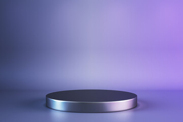 Purple studio with geometric shapes, podium on the floor. Platforms for product presentation, mock up background. Abstract composition in minimal design. 3D Rendering.