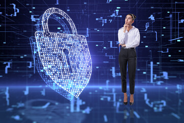 Attractive thoughtful young european businesswoman with creative glowing digital padlock hologram on blurry dark background. Secure, safety and protection concept.