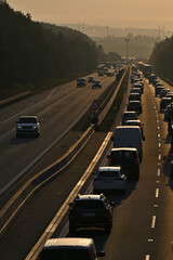 Morning traffic jam on the highway from Prague to Brno, Czech Republic