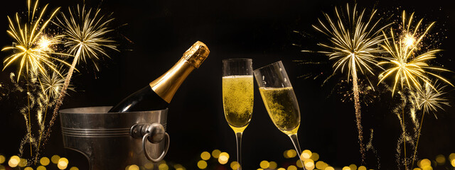 HAPPY NEW YEAR 2024 celebration holiday greeting card background banner panorama - Champagne or...
