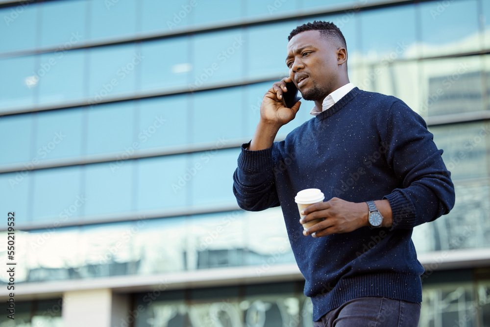Poster business man talking on phone call, mobile communication with coffee in city and planning work with 