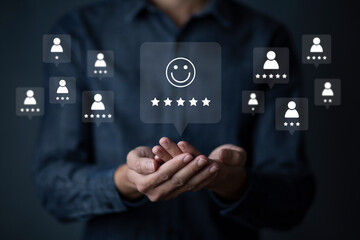 Consumers are evaluating their satisfaction with the service. Consumers write reviews about their satisfaction with a product or service. Consumers use the smiley face icon symbol and 5 stars.