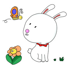 White Rabbit and flower look at butterfly 