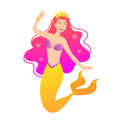 Mermaid character flat vector illustration. Beautiful mythical creature with underwater animals isolated on white