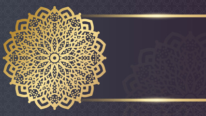 Ramadan Kareem greeting card. Golden lantern on the shelf with handwritten arabic calligraphy means Ramadan Kareem. Vector illustration in 3d realistic style for islamic muslim holidays