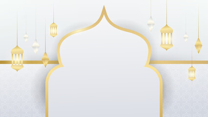 Ramadan Kareem greeting card. White Golden lantern on the shelf with handwritten arabic calligraphy means Ramadan Kareem. Vector illustration in 3d realistic style for islamic muslim holidays