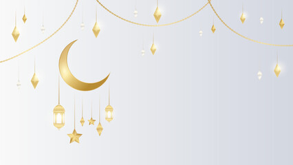 Ramadan Kareem greeting card. White Golden lantern on the shelf with handwritten arabic calligraphy means Ramadan Kareem. Vector illustration in 3d realistic style for islamic muslim holidays