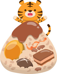 Cute tiger with traditional food for Chinese Dragon Boat Festival: zongzi, glutinous rice food with egg yolk, shrimp, mushroom, meat, peanut with sauce