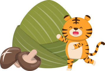 Obraz na płótnie Canvas Cute tiger with traditional Chinese food for Dragon Boat Festival: zongzi with bamboo leaves, glutinous rice food with shiitake mushrooms