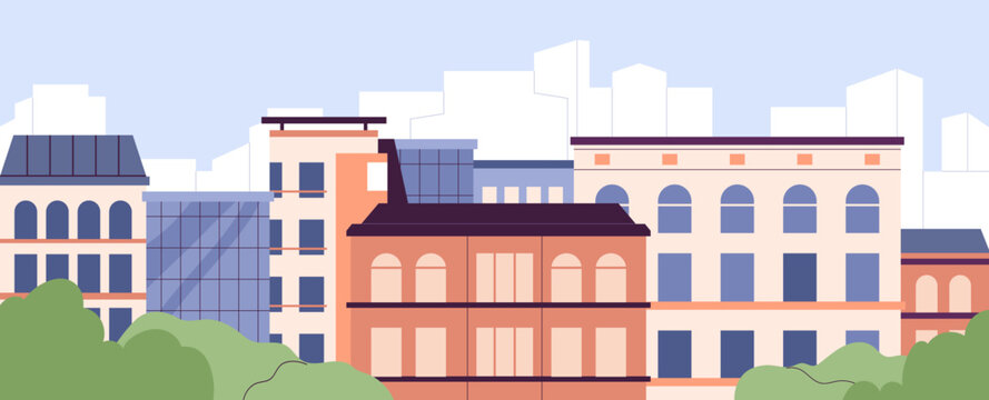 City buildings, urban street. Cityscape, real estate exterior. Houses architecture in town center. Residential and commercial property, realty, outdoor panorama scene. Flat vector illustration