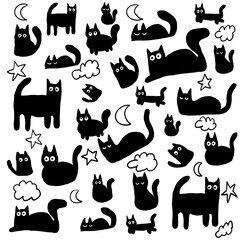 illustrazione gatti neri stilizzati con nuvole e luna