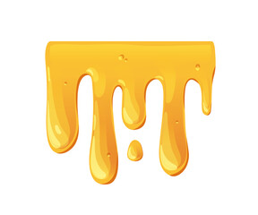 Bee honey dripping, flowing, leaking down. Gold amber liquid fluid with streams and drops. Molten candy, caramel, sticky maple syrup trickles. Flat vector illustration isolated on white background
