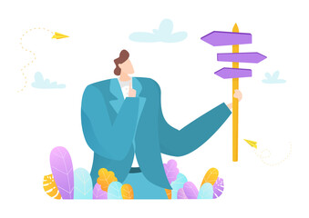 Businesswoman character hold wooden pointer business problem dilemma choice solution decision solution flat vector illustration, isolated on white.