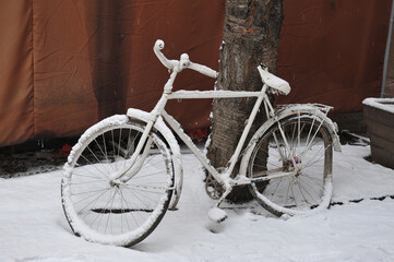 Fototapeta na wymiar Retro bicycle covered with snow under a tree on the street
