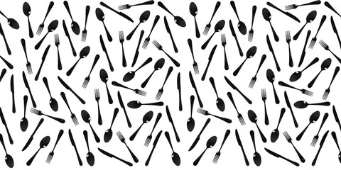 pattern Top view of fork, spoon, knife on white background. Template for applying to the surface. Horizontal image. Banner for insertion into site. Flat lay. 3D image. 3D visualization.