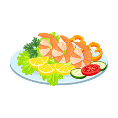 Shrimps with vegetables. Plate with seafood flat vector illustration. Dish from fish or shrimp, salmon and salad isolated on white. Food or seafood