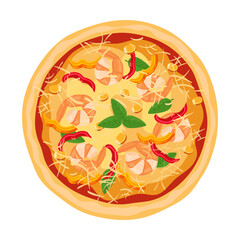 Pizza with cheese, herbs and sweet pepper vector illustration. Pepperoni, pizzas with different ingredients for menu isolated on white background