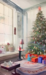 Cozy Christmas or New Year interior, digital watercolor painting. Warm cute colors room. Greeting card or postcard design template. Retro vintage style Christmas background. Wall decoration art print.