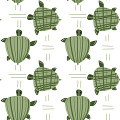 Background with sea turtles and texture on a green shell. Children's illustration. Marine illustration in children's style in green color scheme. Suitable for printing on textiles and paper.