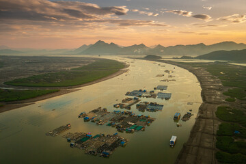 Sunset Drone View over Floating Fishing Village in Xiapu, China