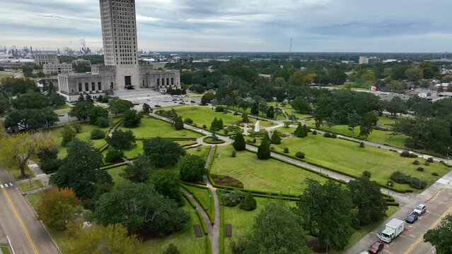 Louisiana State Capitol and park grounds. Baton Rouge LA skyline of garden and public park.