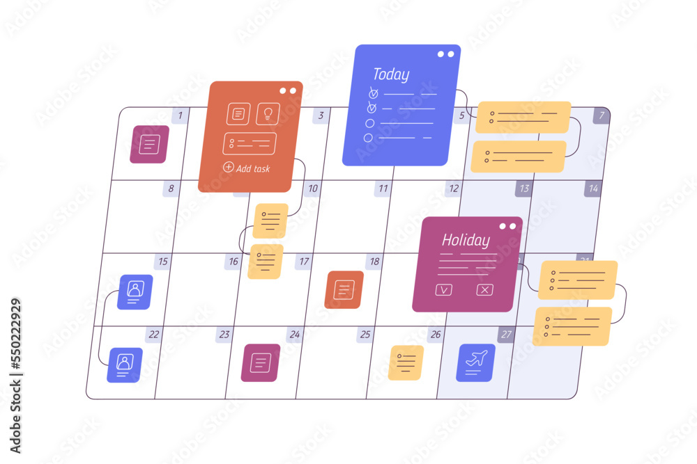 Poster schedule in calendar. content, reminders, tasks in online planner. time-management concept. business