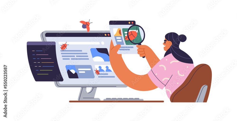 Aufkleber Software tester at computer, finding program bugs, analyzing code mistakes with magnifier. QA, testing automation, report, debugging concept. Flat vector illustration isolated on white background