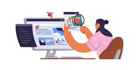 Software tester at computer, finding program bugs, analyzing code mistakes with magnifier. QA, testing automation, report, debugging concept. Flat vector illustration isolated on white background