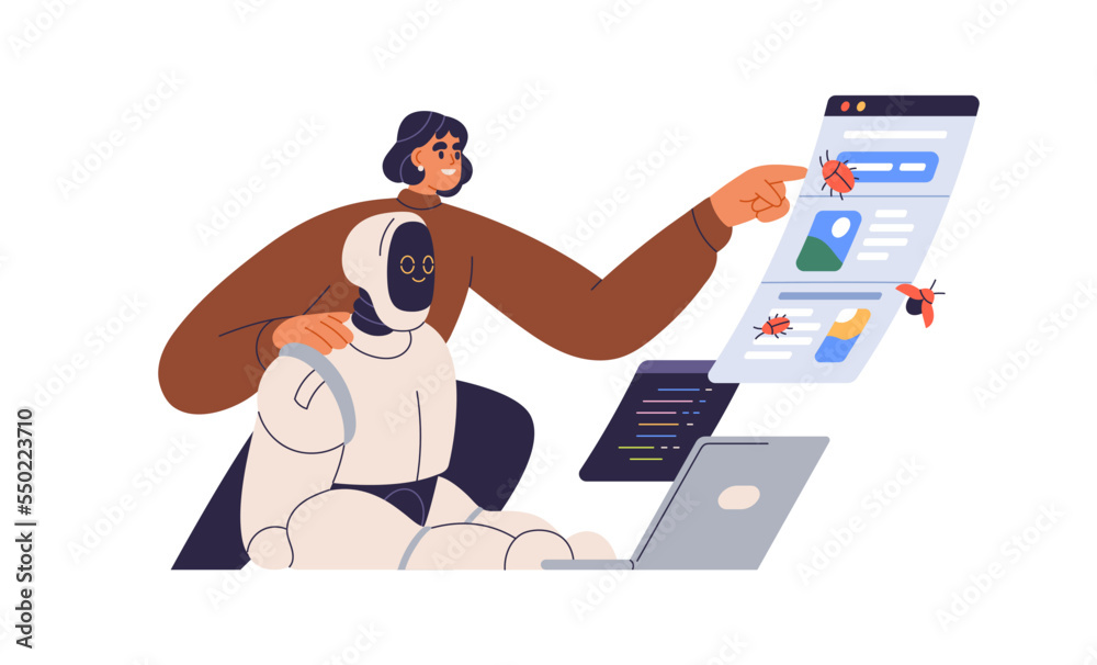 Aufkleber Automated software testing, QA concept. AI in quality assurance. Robot tester finding, searching program bugs, mistakes. Debugging automation. Flat vector illustration isolated on white background