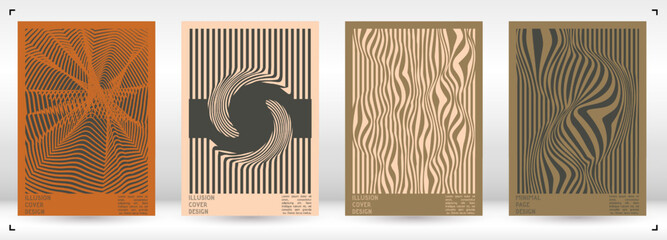 Geometrical Poster Design with Optical Illusion Effect.  Modern Psychedelic Cover Page Collection. Pastel Wave Lines Background. Fluid Stripes Art. Swiss Design. Vector Illustration for Brochure.