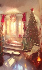 Merry Christmas living room cozy decoration. New year interior in warm bright colors. Christmas illustration. Digital watercolor and acrylic mixed painting art. Greeting or postcard design background
